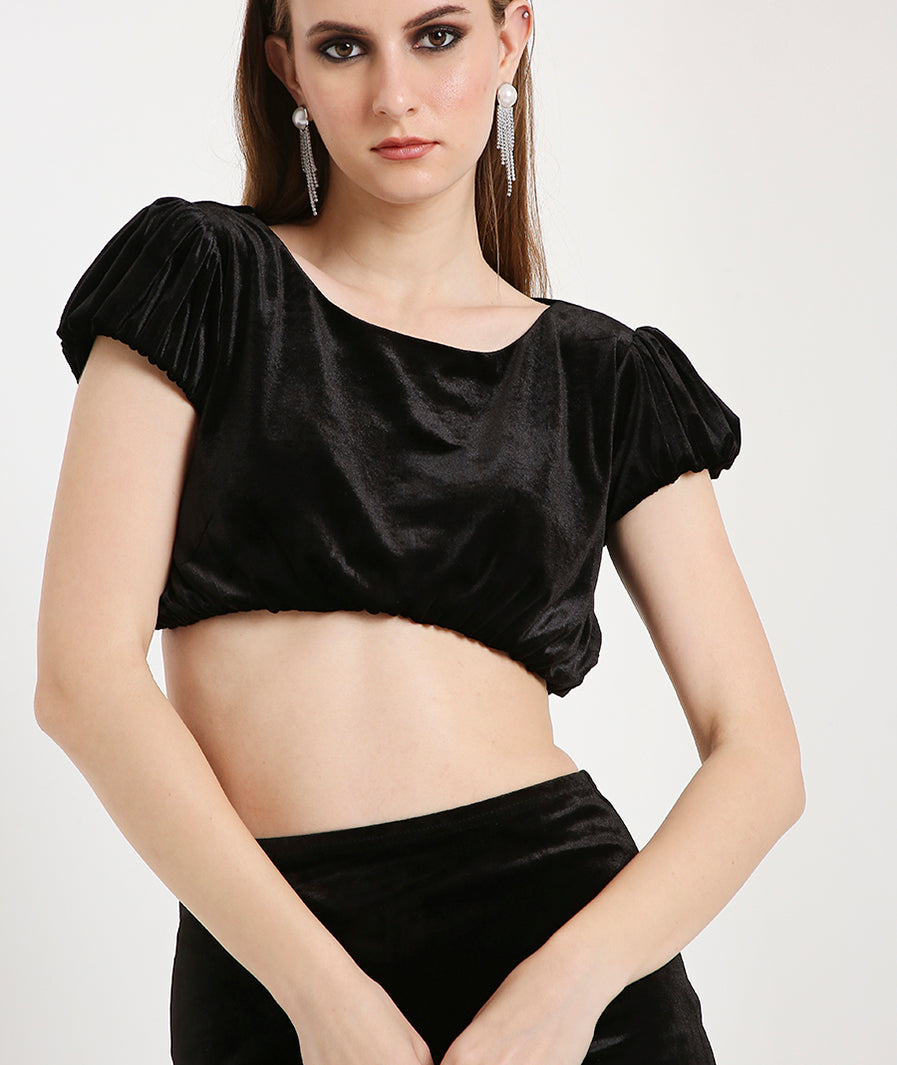 Velvet Balloon Crop Top-Black