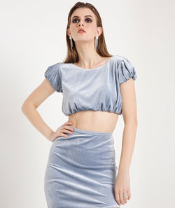 Velvet Balloon Crop Top-Ice Grey