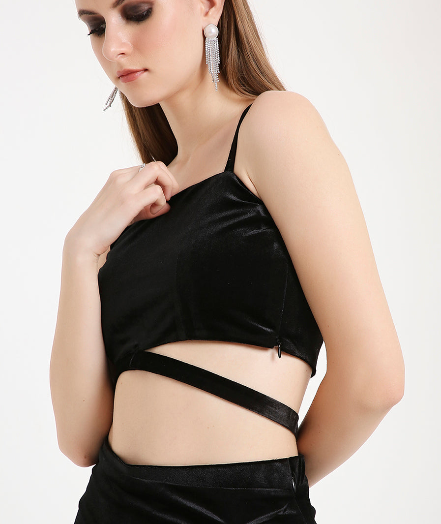 Velvet Crop Top with Tie Ups-Black