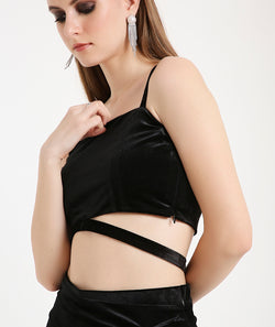 Velvet Crop Top with Tie Ups-Black