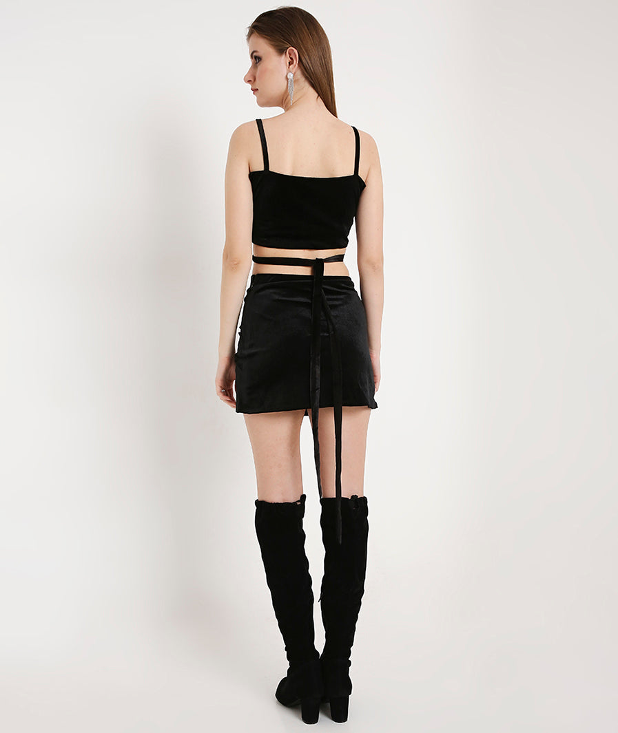 Velvet Crop Top with Tie Ups-Black