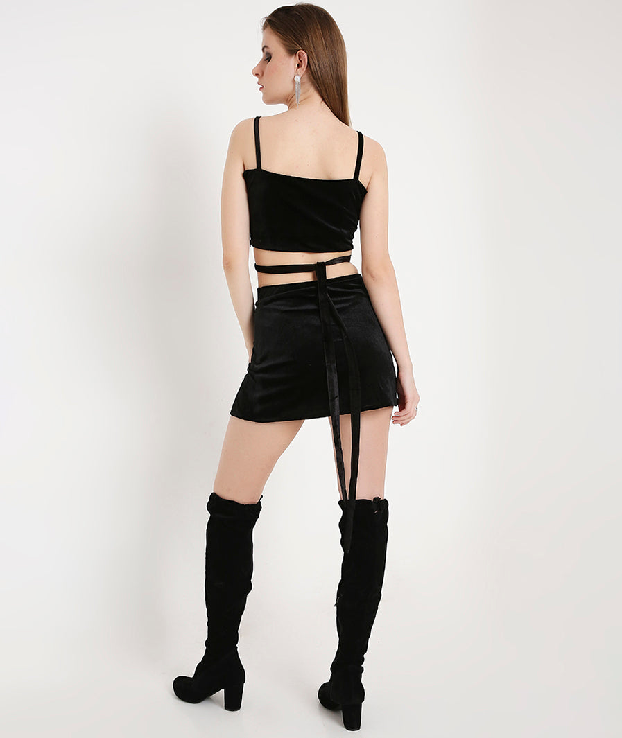 Velvet Skirt with Gathers- Black