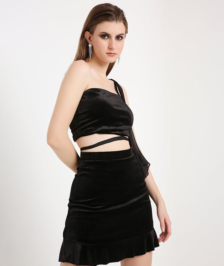 Velvet Top with a Georgette Tie Up- Black