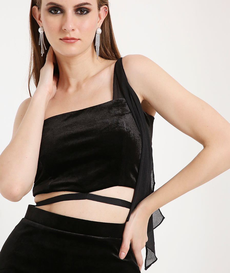 Velvet Top with a Georgette Tie Up- Black