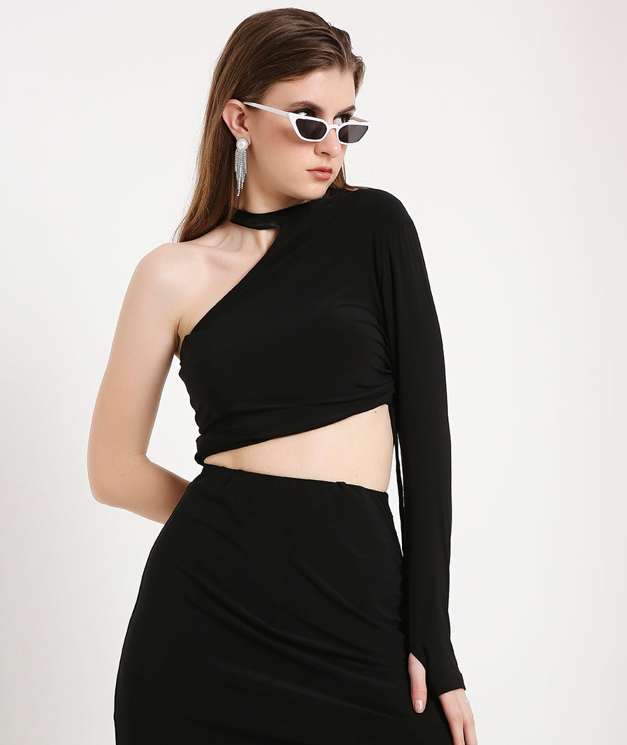 Black Off Shoulder Thumbhole Top with a Drawstring