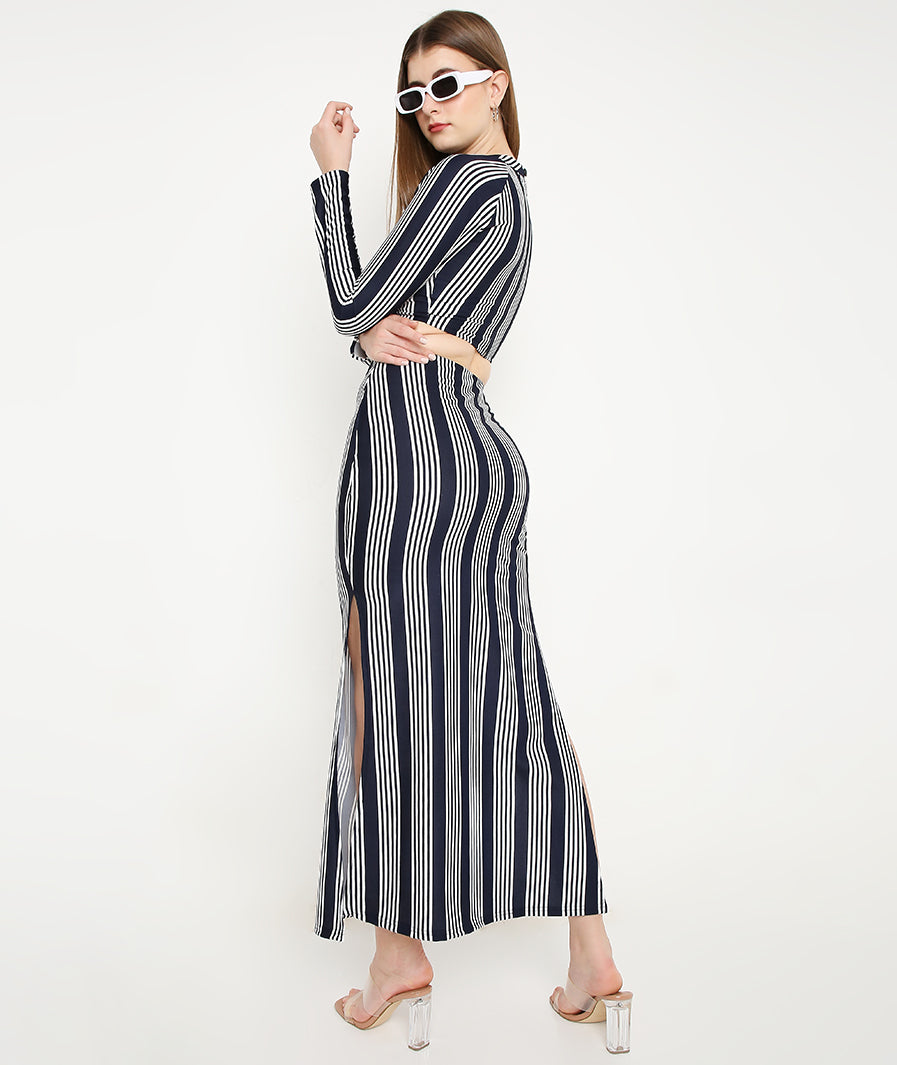 Blue Striped Skirt with Slits