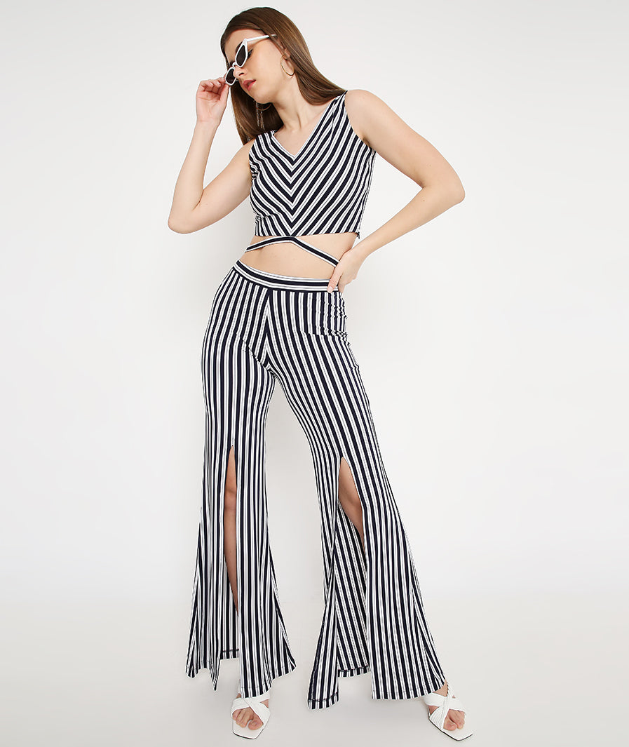 Navy Stripes Pants with Slits