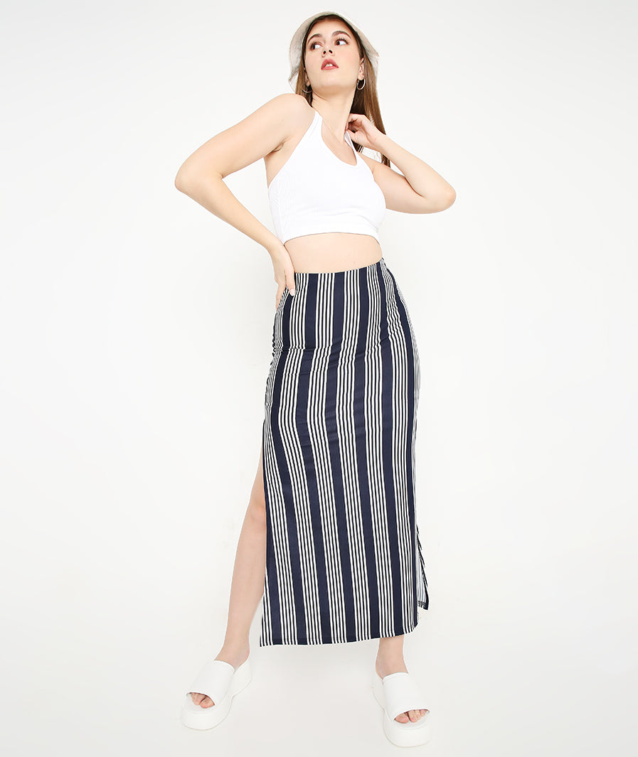 Blue Striped Skirt with Slits