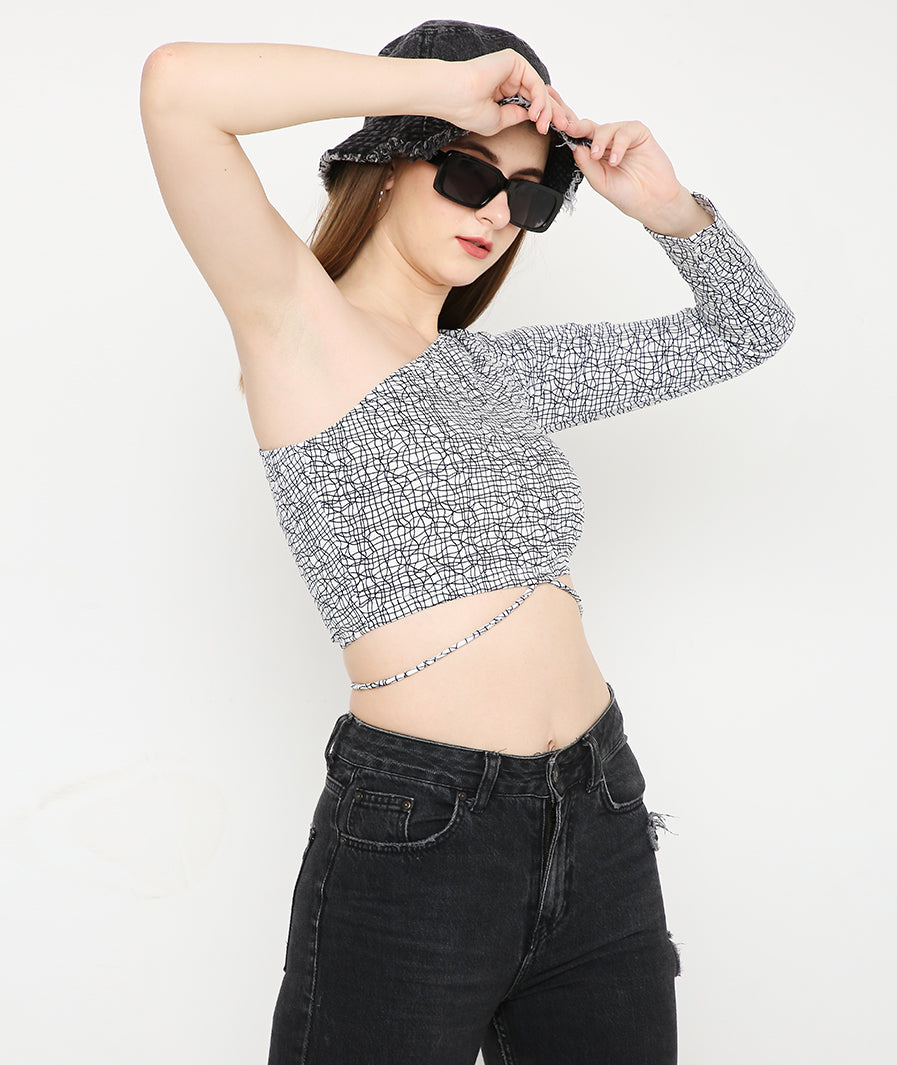 Abstract Off-Shoulder Tieup Crop Top