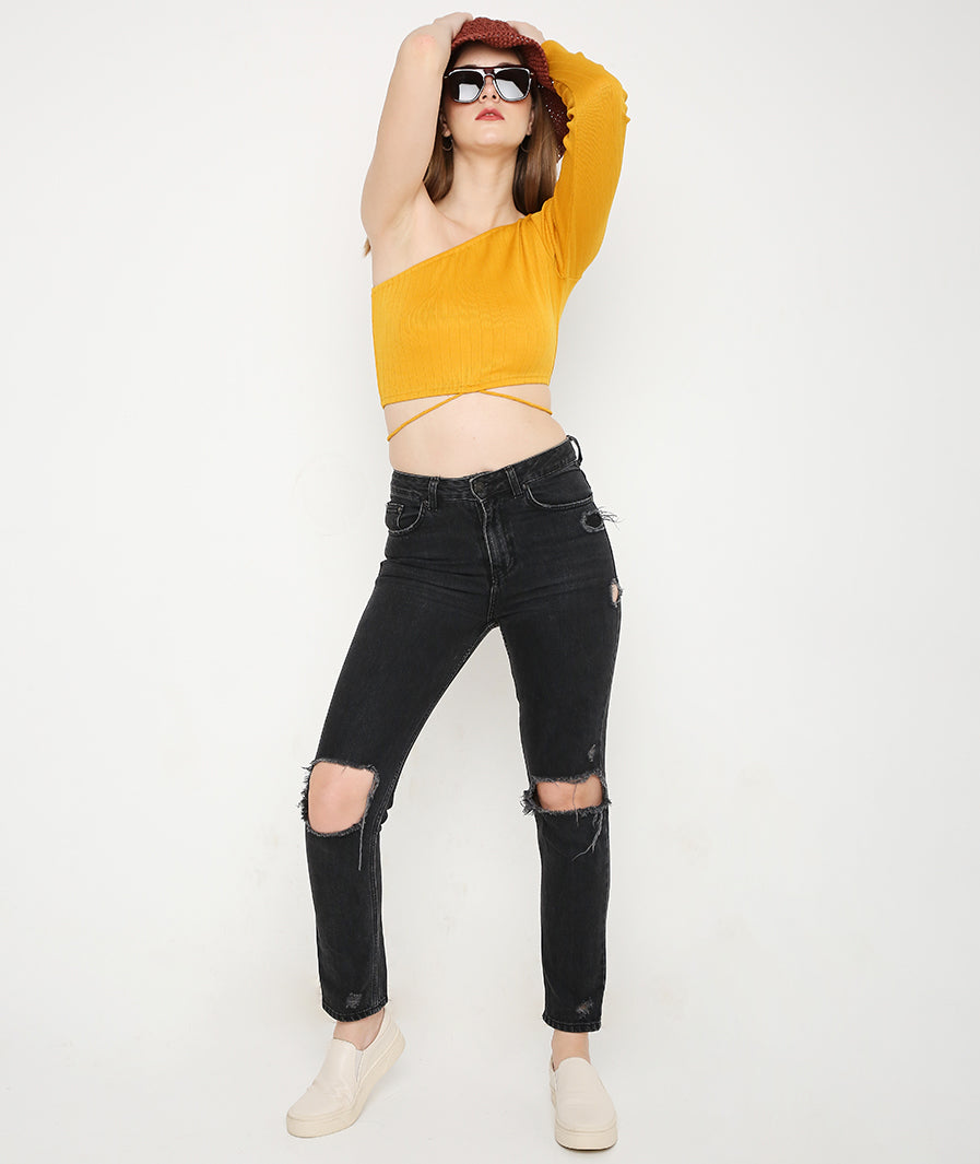 Yellow Off-Shoulder Tieup Crop Top