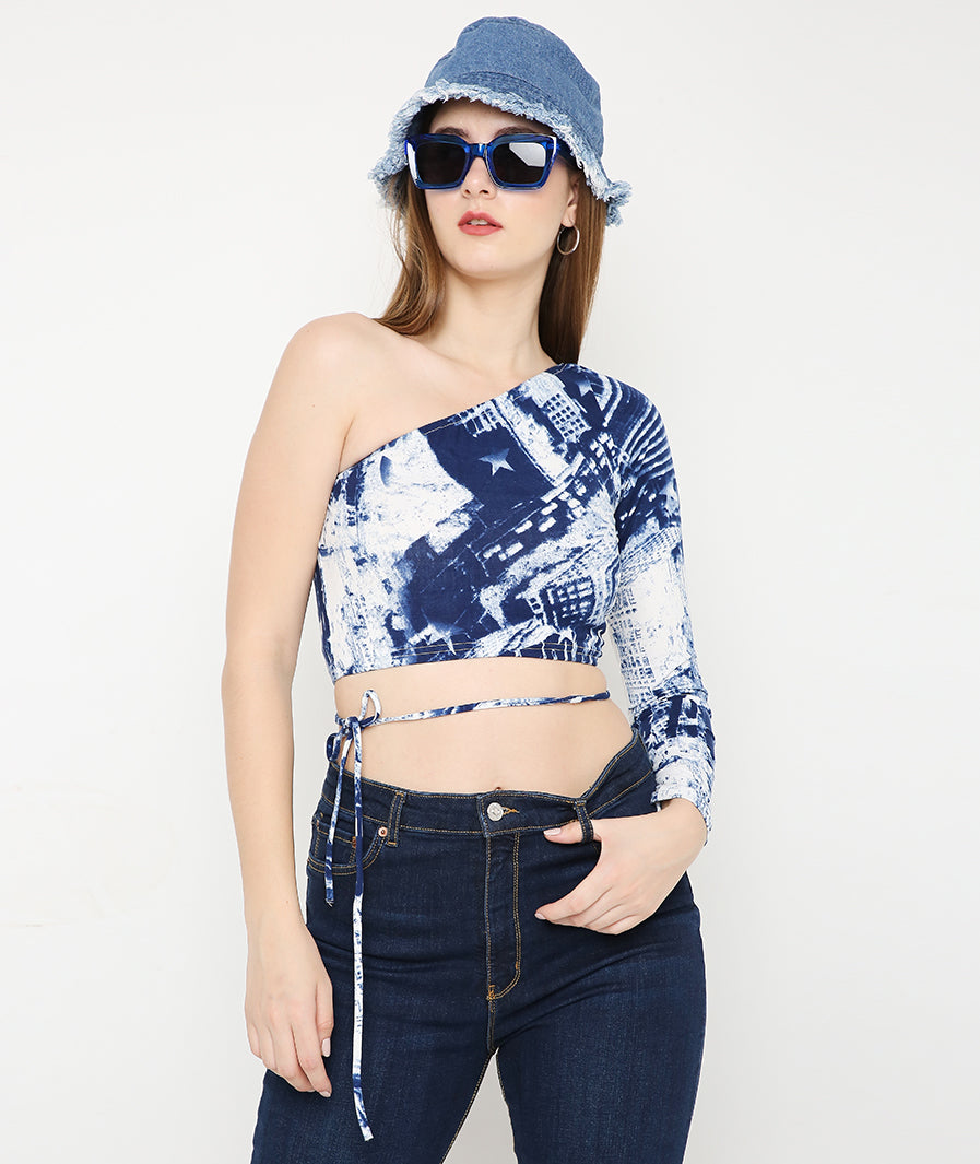 Blue Tie Dye Off-Shoulder Tieup Crop Top