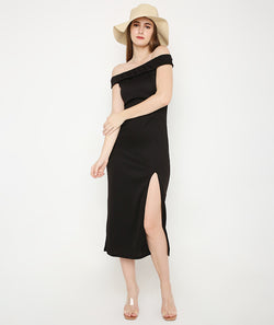 Black Off Shoulder High Slit Knit Dress