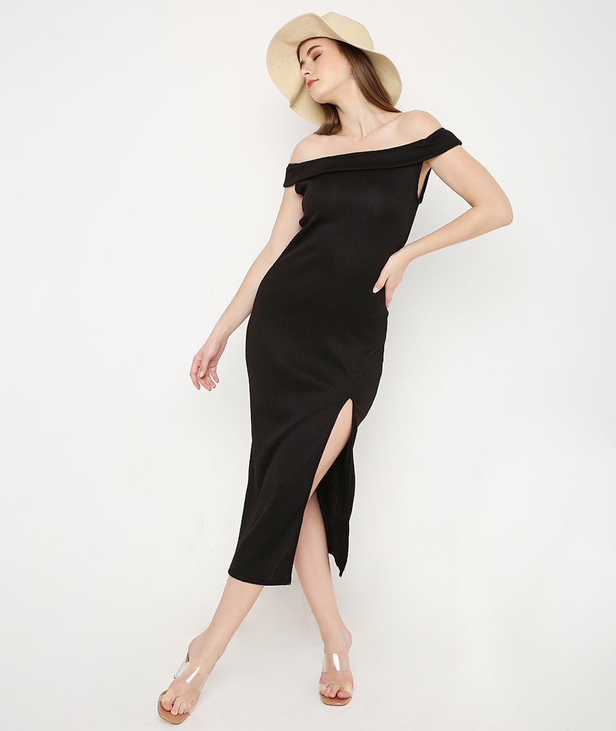 Black Off Shoulder High Slit Knit Dress