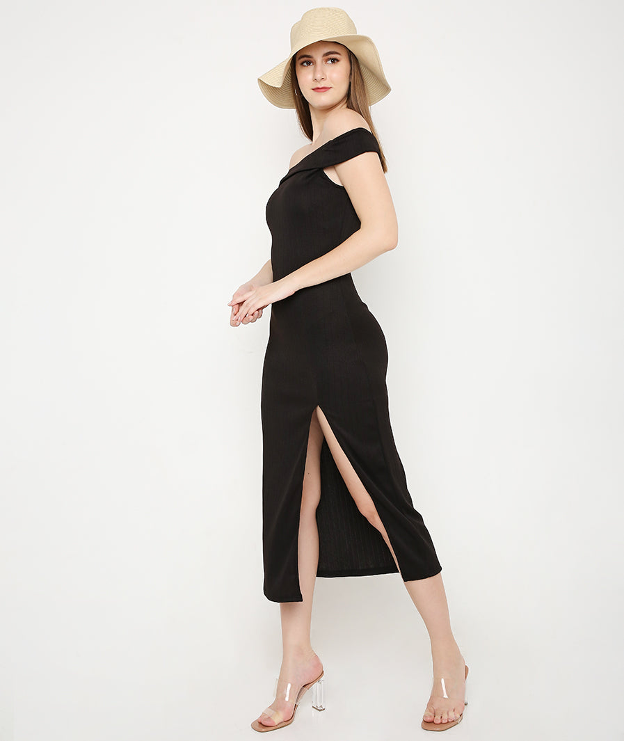 Black Off Shoulder High Slit Knit Dress