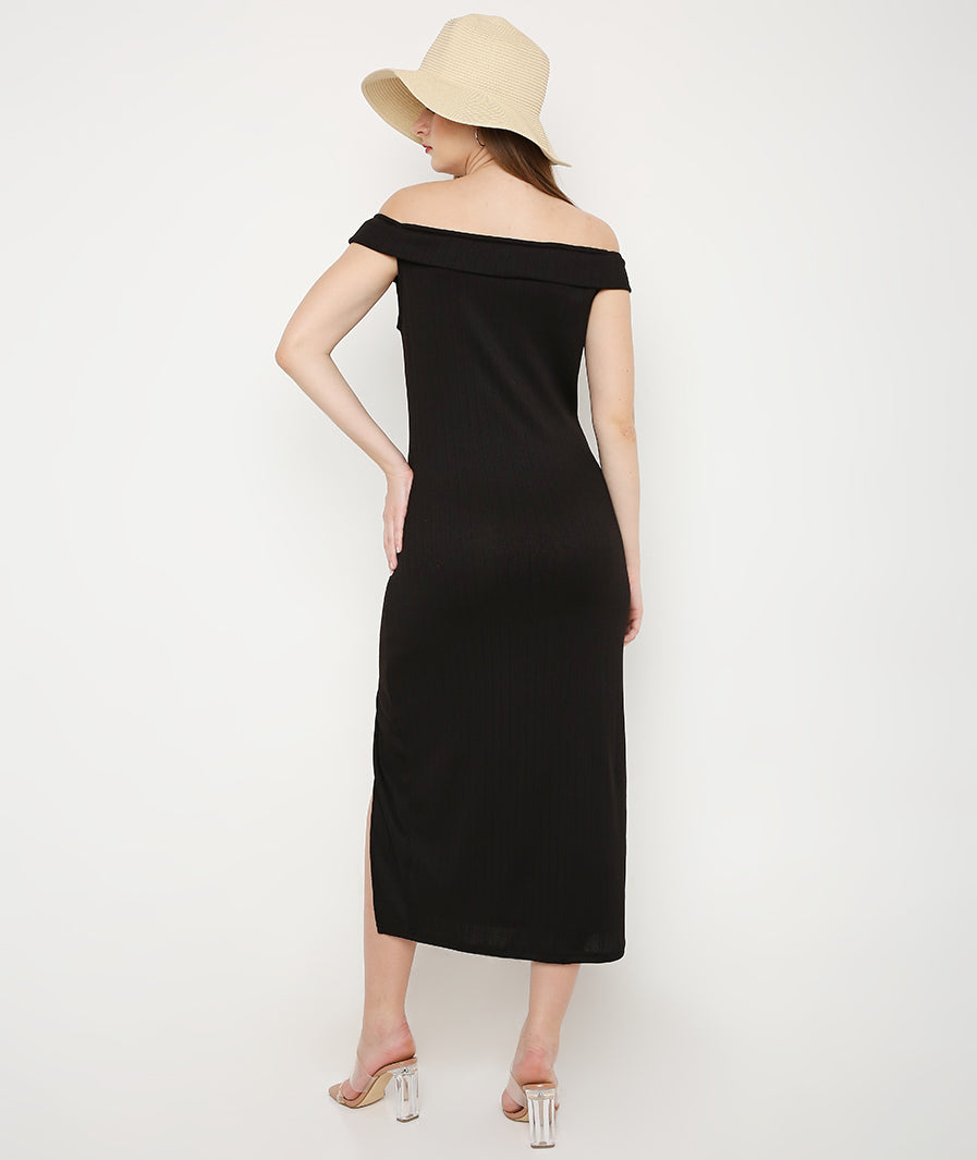 Black Off Shoulder High Slit Knit Dress