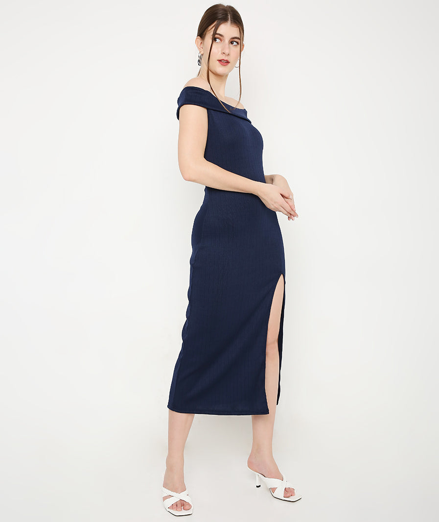 Navy Blue Off Shoulder High Slit Knit Dress