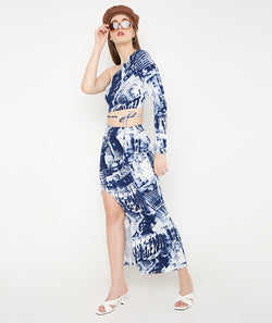 Blue Tie Dye Off-Shoulder Tieup Crop Top