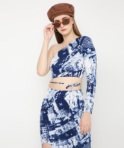 Blue Tie Dye Off-Shoulder Tieup Crop Top