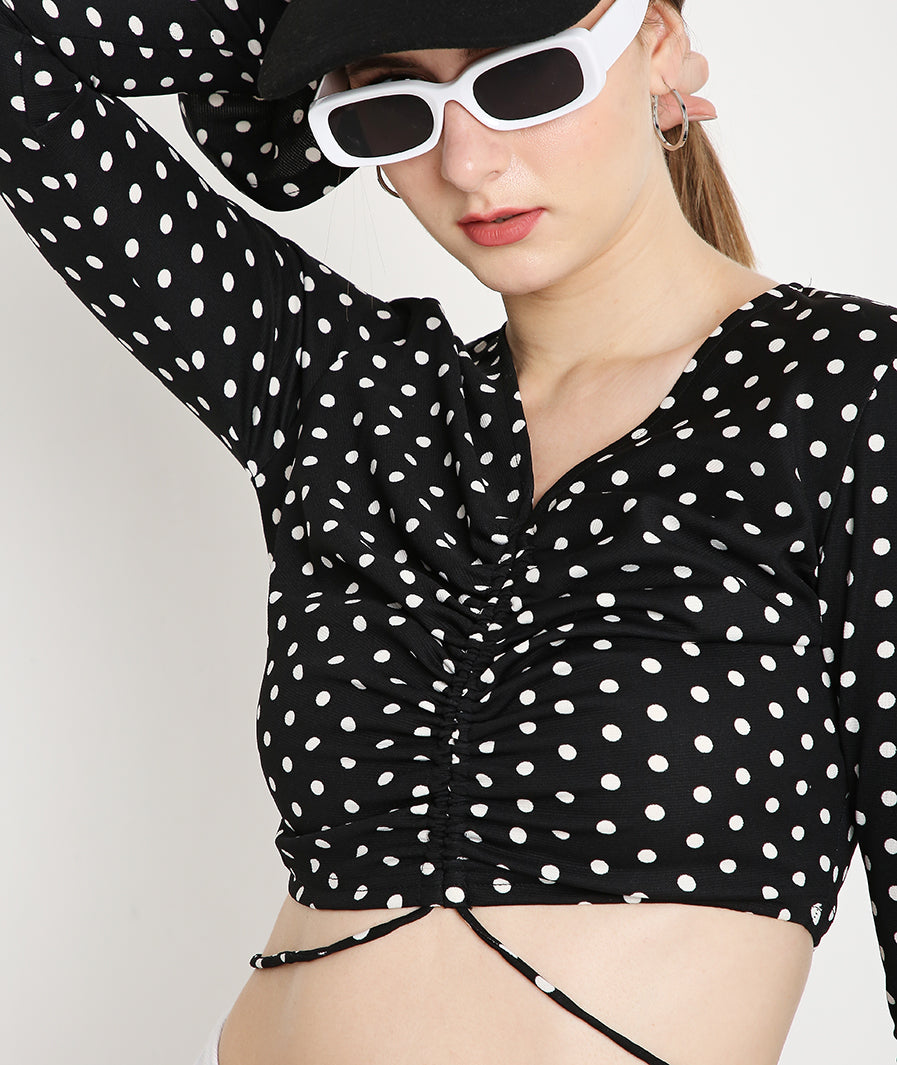 White Polka Dots Bell Sleeves Crop Top