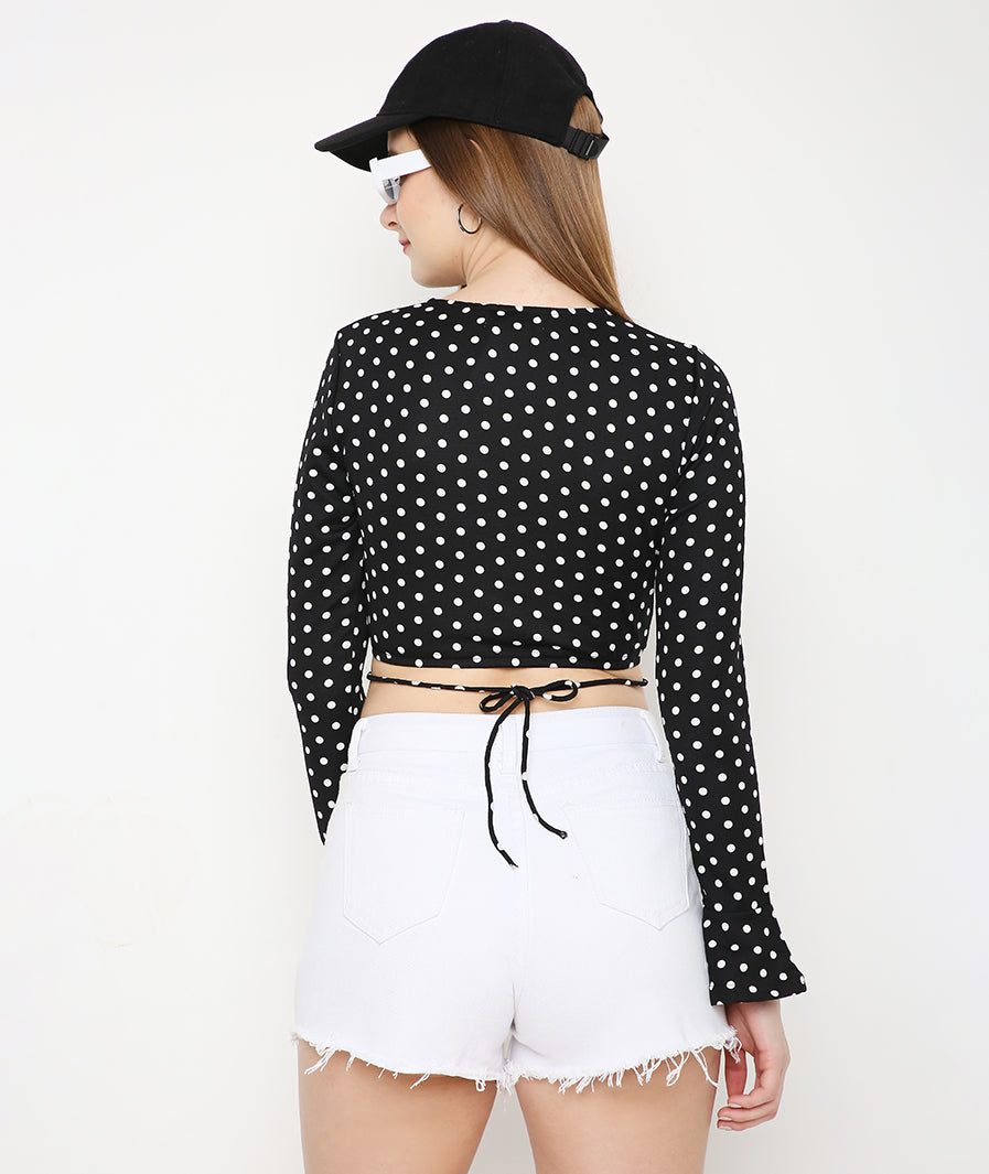 White Polka Dots Bell Sleeves Crop Top