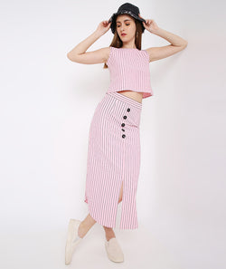 Pink Stripes Long Skirt with Buttons