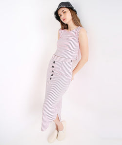 Pink Stripes Long Skirt with Buttons