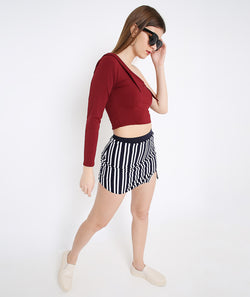 Wine 3D Collar OffShoulder Crop Top