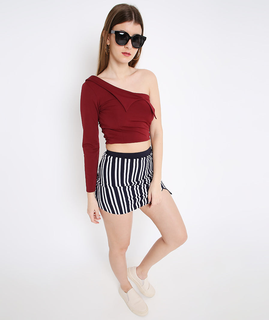 Wine 3D Collar OffShoulder Crop Top