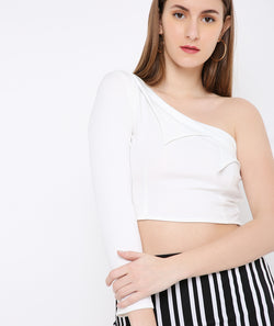 White 3D Collar OffShoulder Crop Top