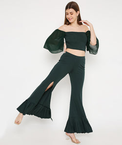 Green Slit Pants with Pleated Bottoms