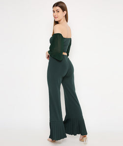 Green Slit Pants with Pleated Bottoms