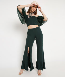 Green Slit Pants with Pleated Bottoms