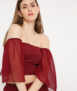 Red Long Bell Sleeve Crop Top