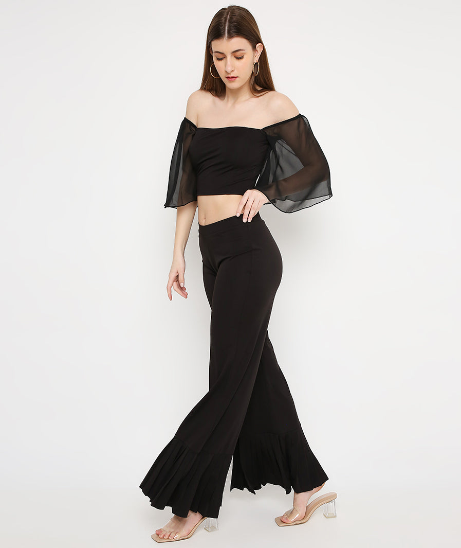 Black Slit Pants with Pleated Bottoms