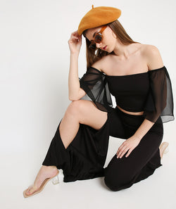 Black Slit Pants with Pleated Bottoms