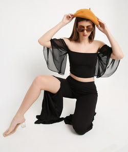 Black Slit Pants with Pleated Bottoms