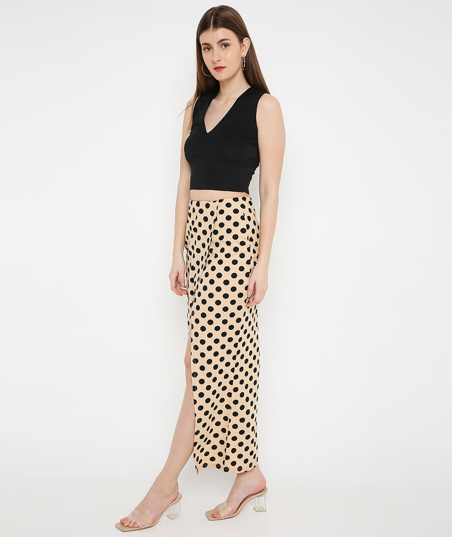 Cream Polka Long Tulip Skirt