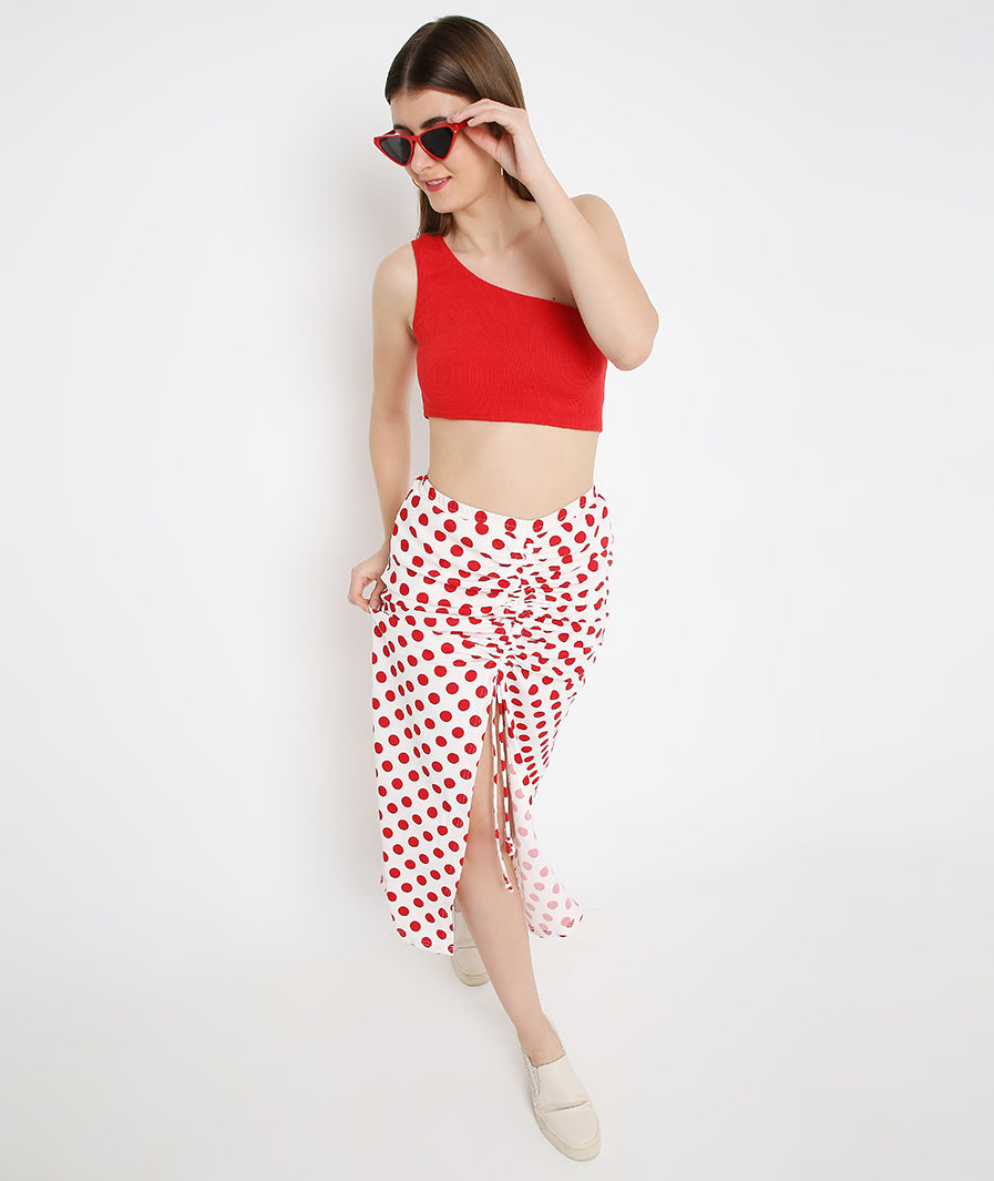 Red Polka Drawstring Long Skirt