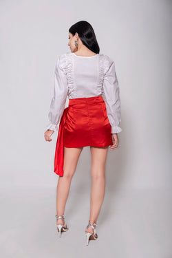 Red Satin Mini Skirt with Cowl Detail