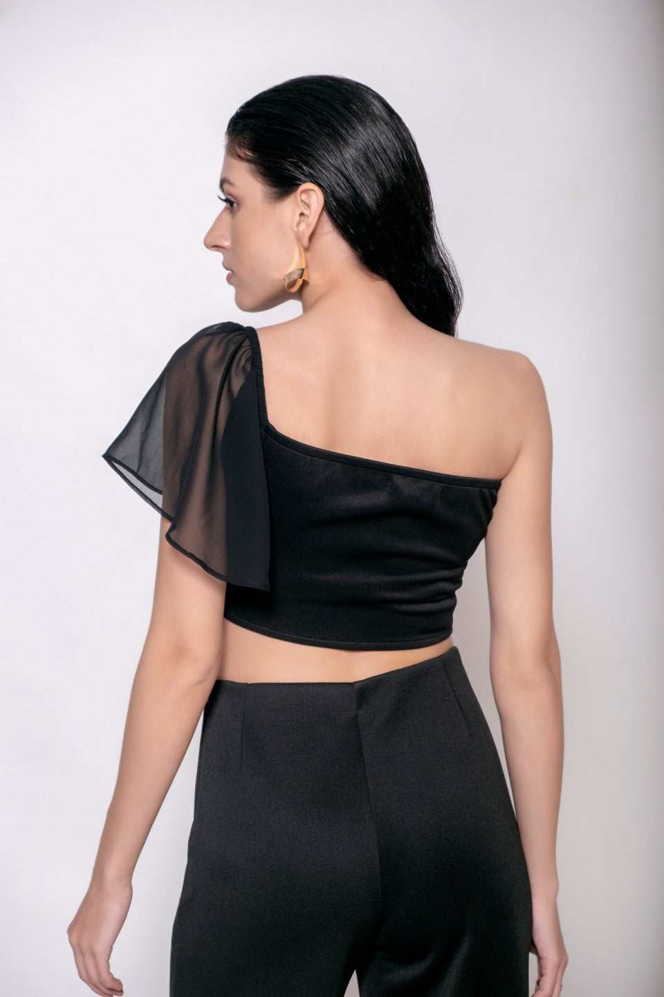 Black Georgette Bell Sleeve Crop Top